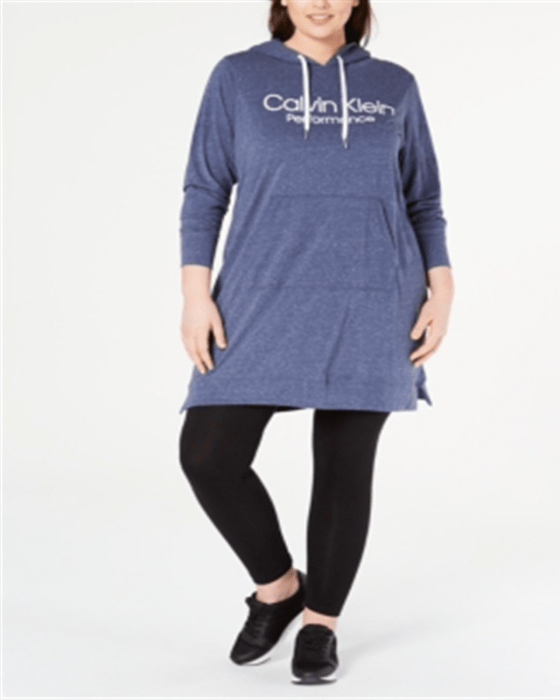 Front of a model wearing a size 2X Calvin Klein Women's Performance Plus Hoodie Dress Blue Size 2X in Blue by Calvin Klein. | dia_product_style_image_id:313193